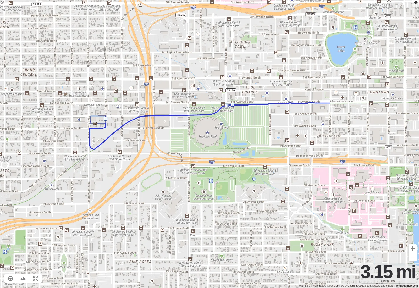 Proposed 5K out-and-back route map from 3 Daughters Brewing east along the Pinellas Trail and 1st Avenue South, past Tropicana Field toward downtown St. Petersburg, and back